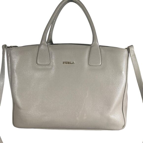Furla Saffiano Leather Satchel Crossbody Bag Taupe grey Structured Tote Purse - Picture 3 of 14